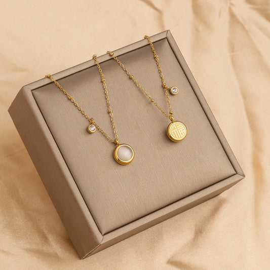 Elegante collana fortunata con pietra occhio di gatto rotonda per donna, catena alla clavicola alla moda minimalista in acciaio al titanio con finitura placcata