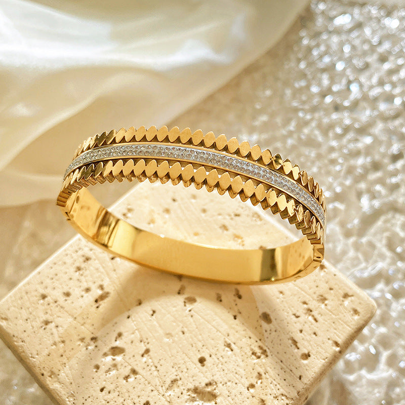 Minimalist Geometric Titanium Steel Plated Bracelet with Double Row Cubic Zirconia and Sawtooth Clasp