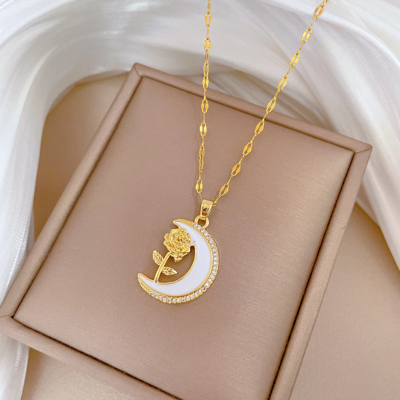 Collar con colgante floral minimalista de luna y rosa para mujer, cadena de acero inoxidable con diseño geométrico