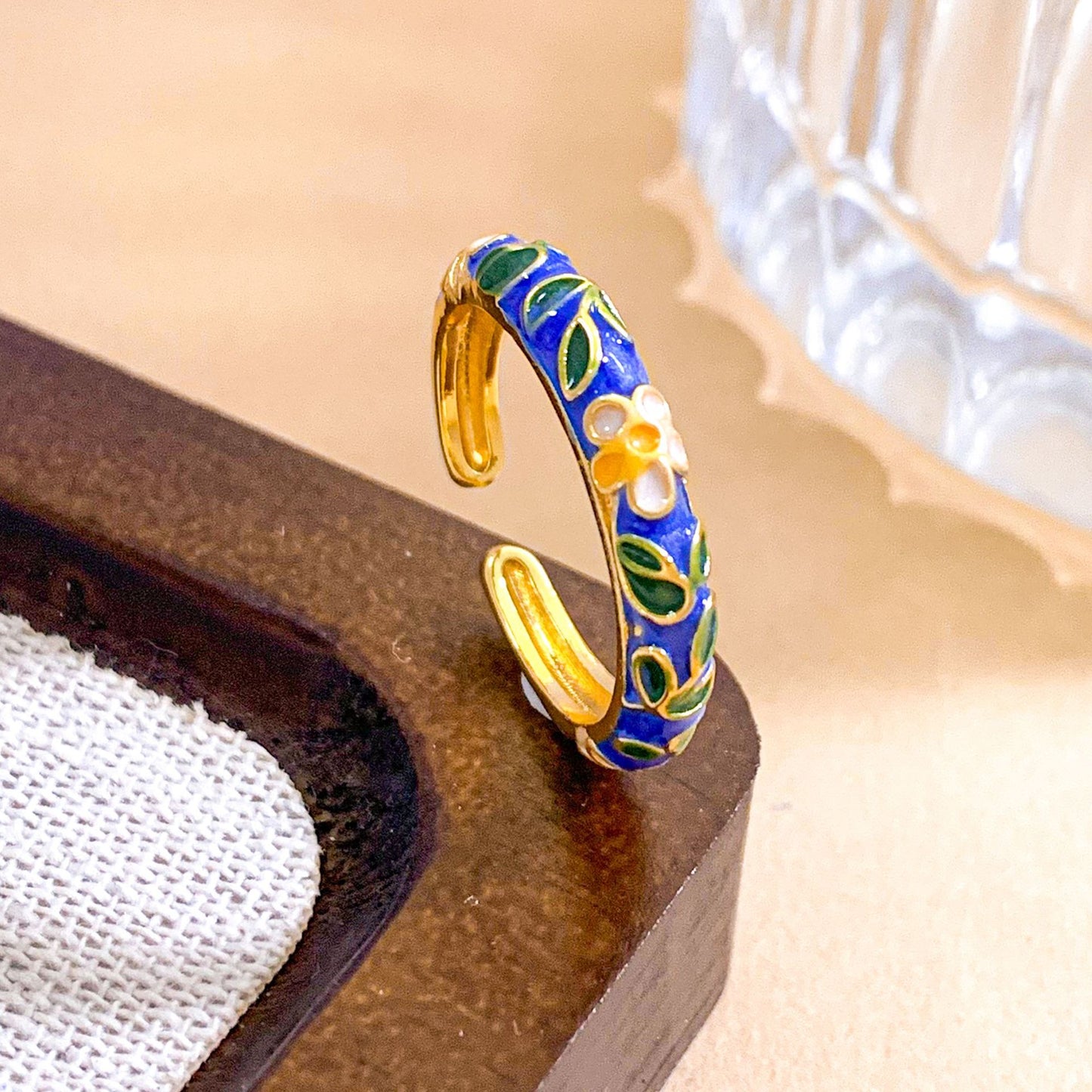 Vintage Sweet Floral Enamel Gold Plated Brass Ring for Women