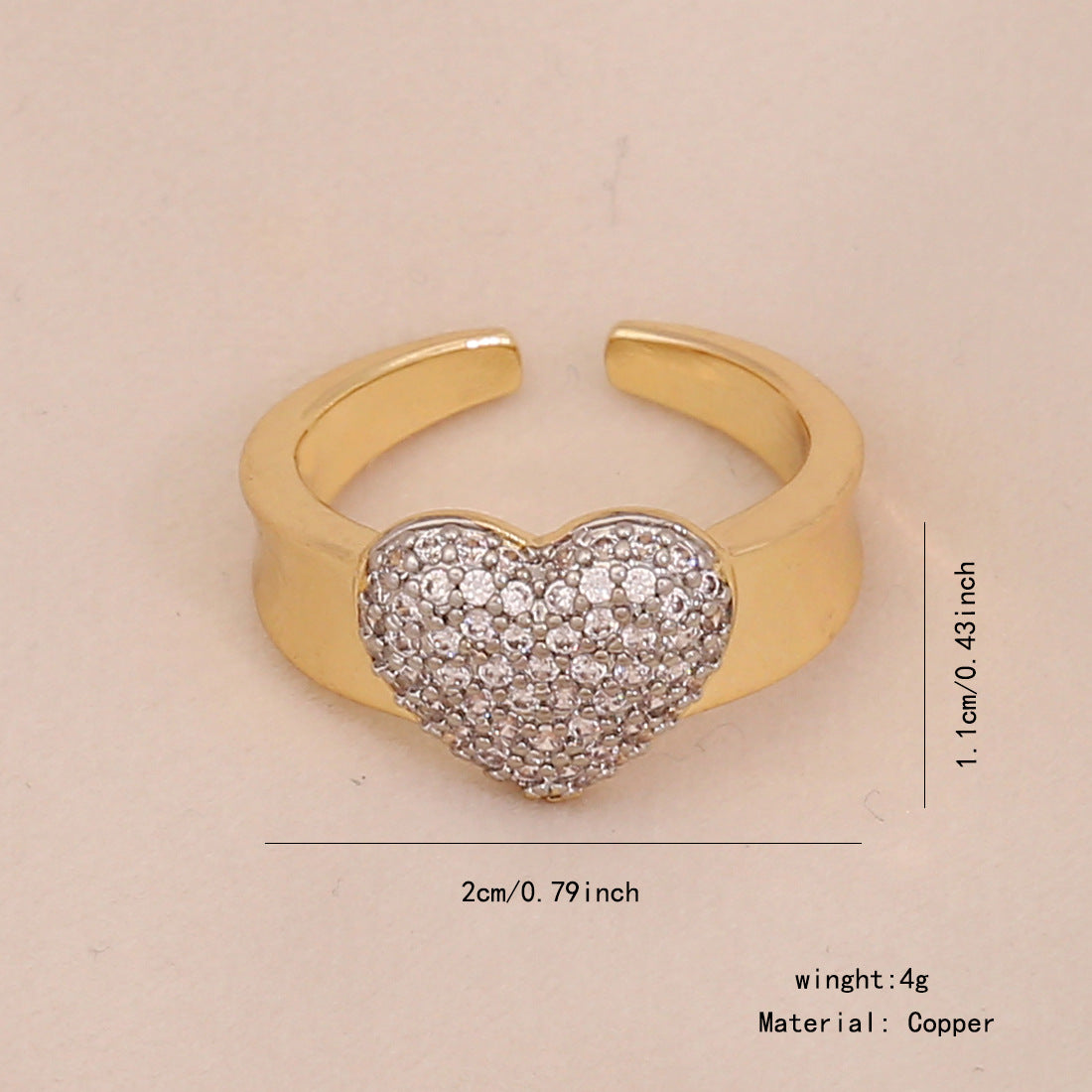 Geometric Heart-Shaped Copper Ring with Zircon Inlay for Women