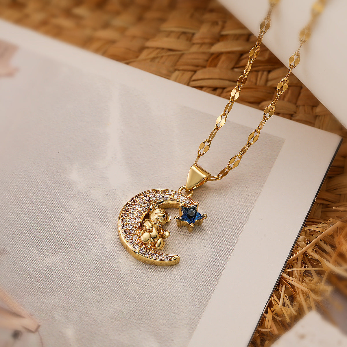 Cute Moon Bear Pendant Necklace in Copper with Real Gold Plating and Zircon Inlay for Women