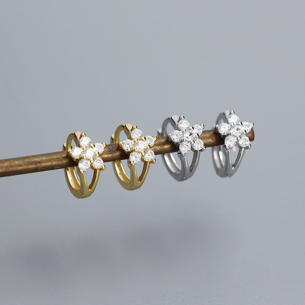 Orecchini a cerchio da donna in argento sterling S925 a forma di fiorellino con intarsio di strass