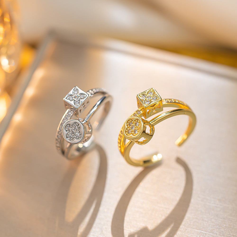 Anillo Minimalista Geométrico de Acero Titanio con Zirconia Microincrustada para Mujer, Banda Abierta Ajustable Bañada al Vacío