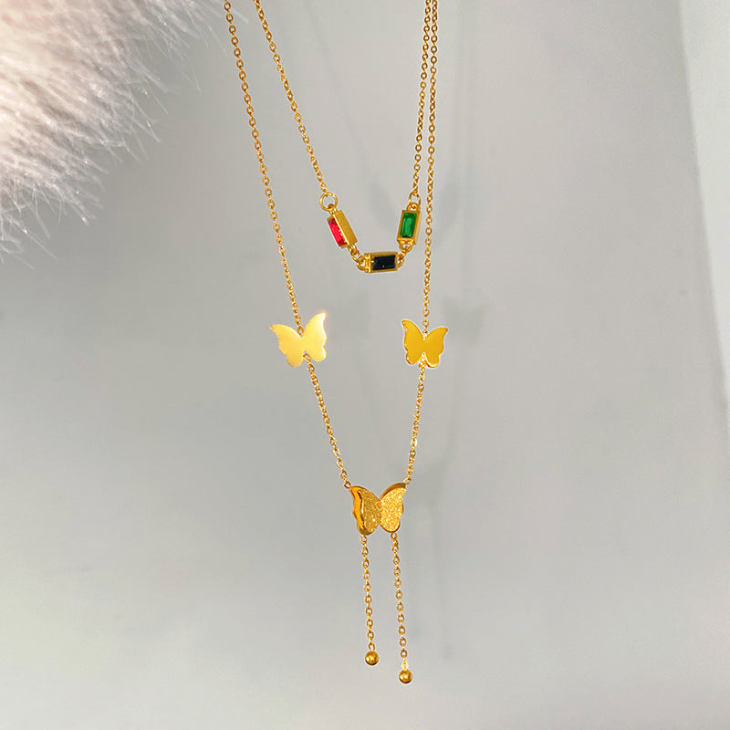 Elegant Titanium Steel Double-Layer Butterfly Rhinestone Tassel Necklace