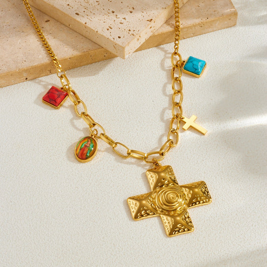 Hip-hop Gold Plated Stainless Steel Cross Geometric Pendant Necklace with Turquoise and Irregular Chain
