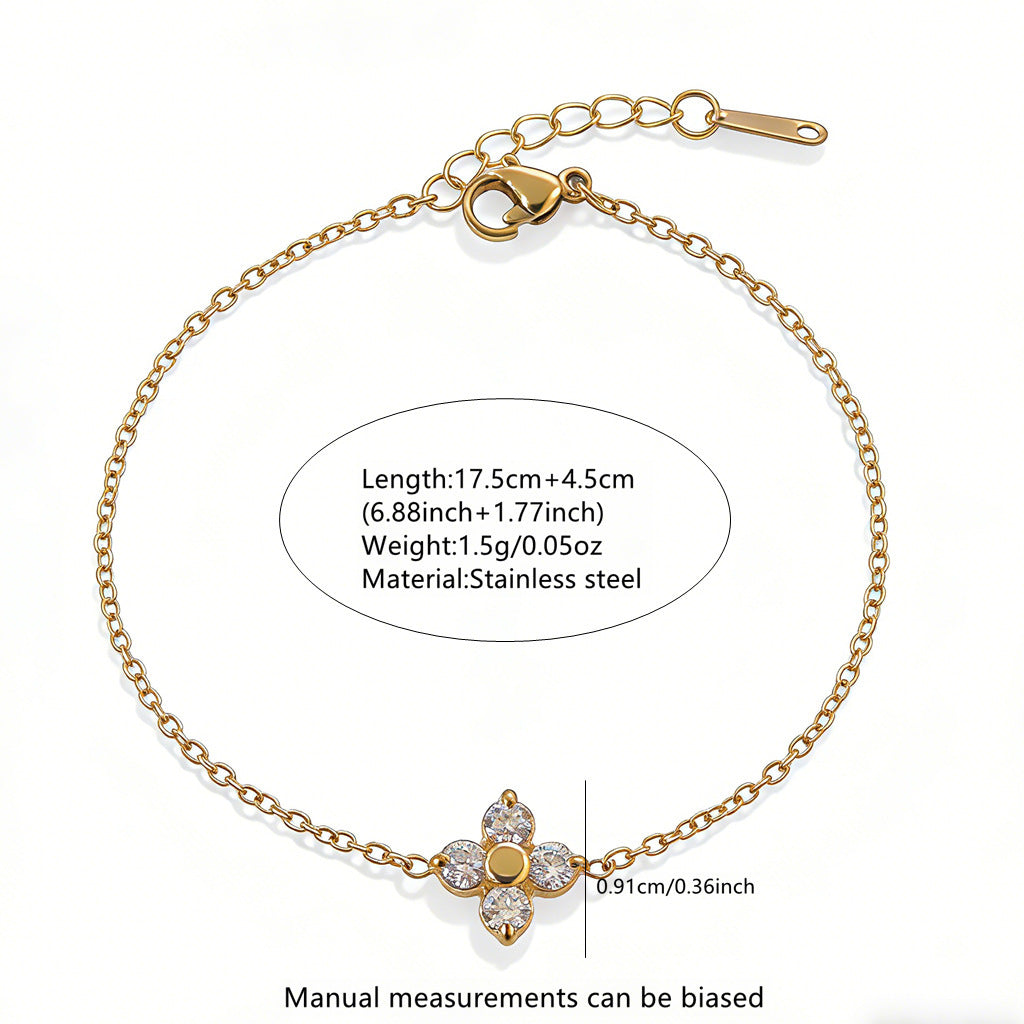 Elegant Geometric Floral Stainless Steel Plated Bracelet with Cubic Zirconia for Women