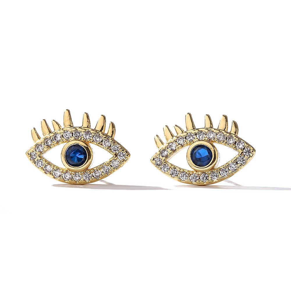 Vintage-Style Geometric Evil Eye Stud Earrings for Women with Copper Base and Real Gold Plating Featuring Micro-Pave Zirconia