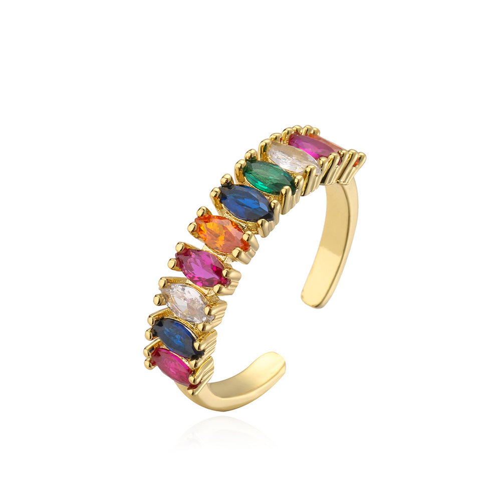 Geometric Open Ring for Women in Copper with 18K Gold Plating and Rainbow Zircon Inlay