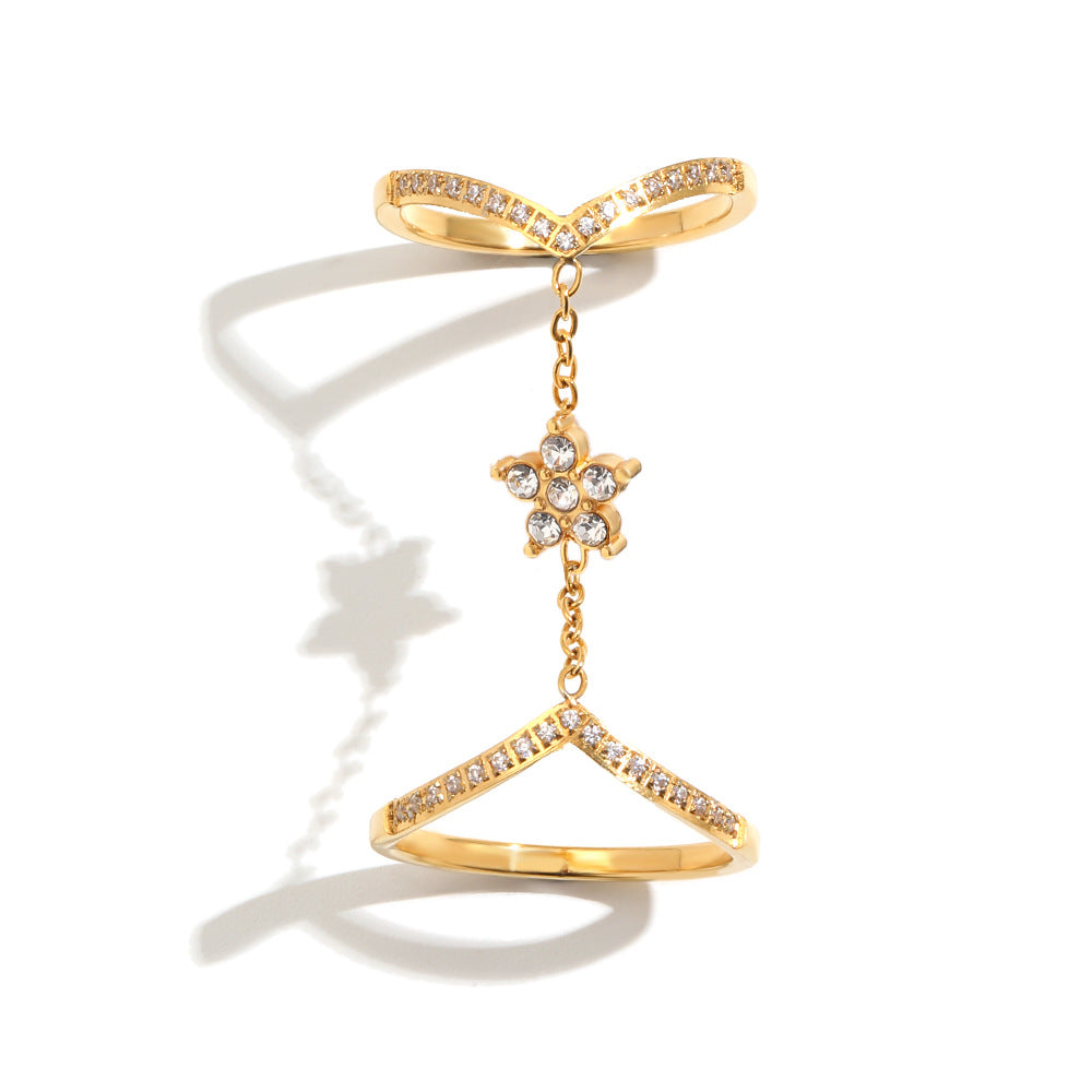 Elegant Minimalist 18K Gold Plated Stainless Steel Floral Double Layer Ring for Women