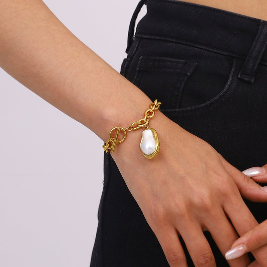 European American 18K Plated Stainless Steel Geometric Baroque Pearl Bracelet for Women