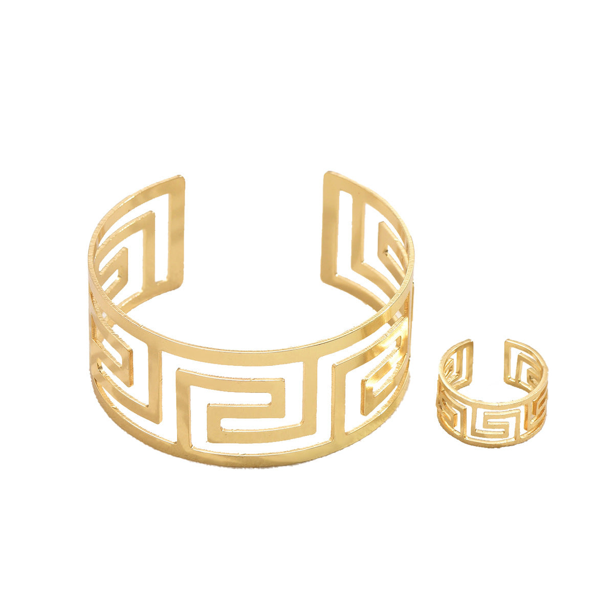 Conjunto de pulsera y anillo minimalista geométrico de aleación de zinc para mujer con acabado pulido y diseño de abertura ajustable