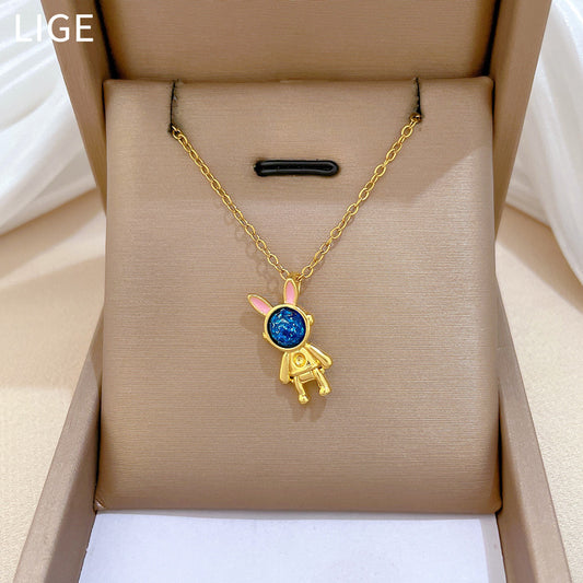 Sweet Cartoon Geometric Moon Astronaut Rabbit Rhinestone Pendant Titanium Steel Necklace for Unisex