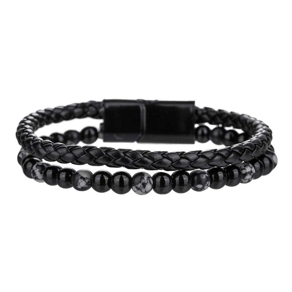 Men's Woven Leather Bracelet with Natural Black Agate and Tiger's Eye Beads Geometric Round Multi-layer Clasp