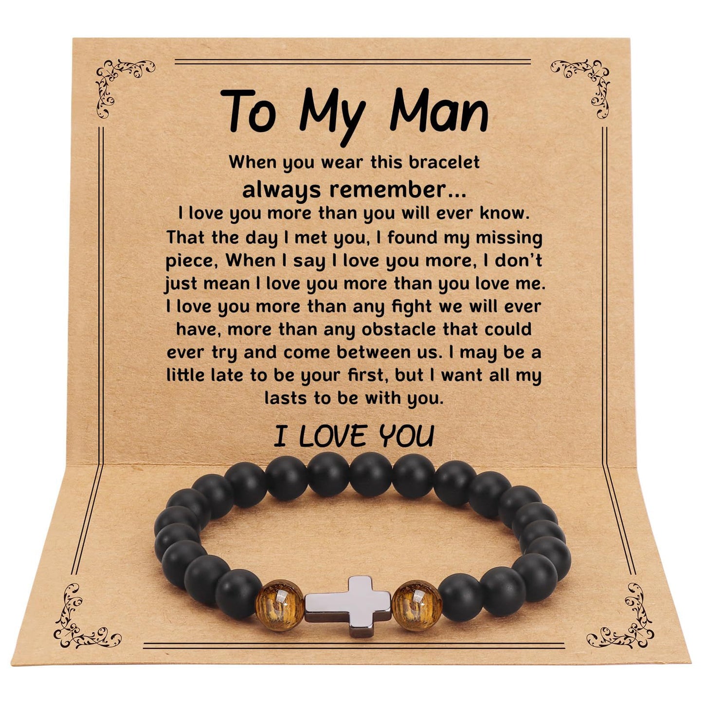 Matte Black Obsidian and Tiger Eye Beaded Bracelet with Small Cross Pendant Unisex Handmade Stone Jewelry