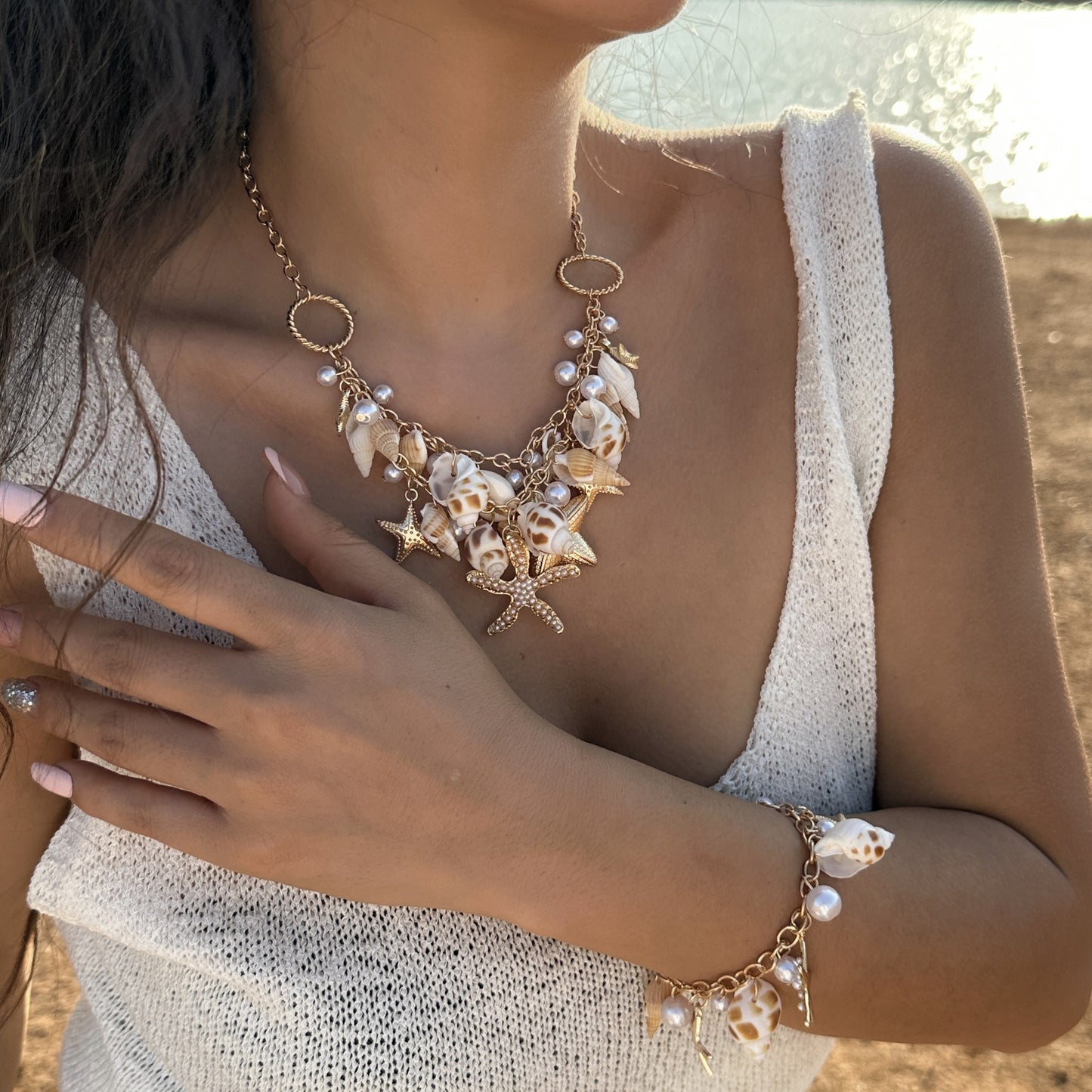 Collana da donna con ciondolo a conchiglia e stella marina in lega geometrica bohémien