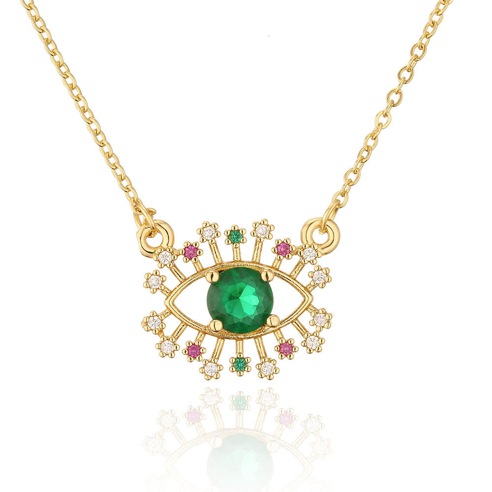 Geometric Evil Eye Pendant Necklace for Women in Copper with 18K Gold Plating and Green Zircon, Vintage INS Style