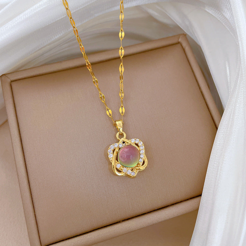 Sweet Geometric Heart Titanium Steel Necklace with Rhinestone and Brass Pendant for Unisex
