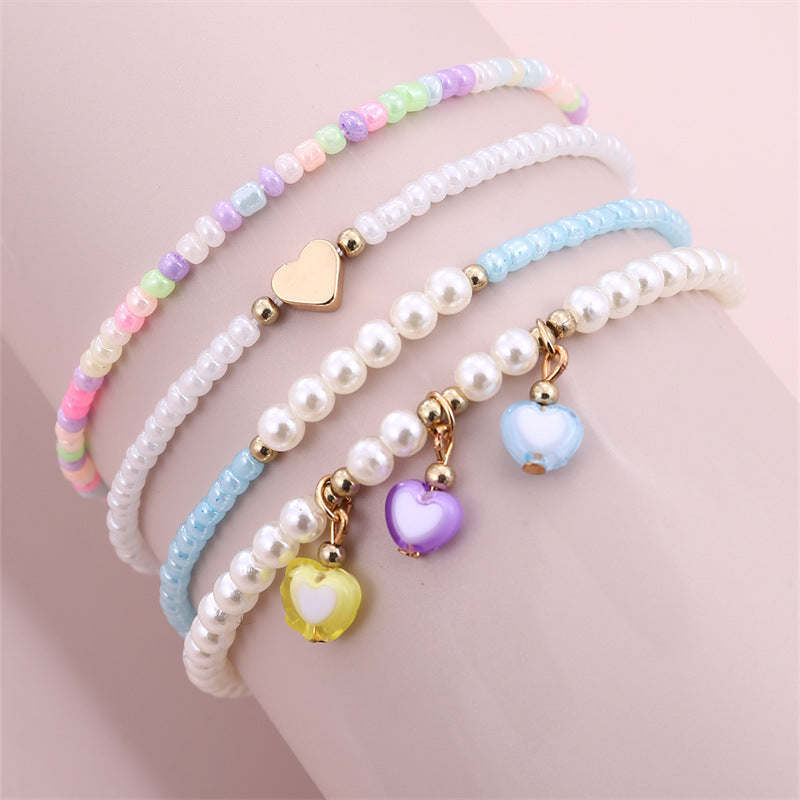 Tobillera Minimalista de Cuentas en Forma de Corazón con Cuentas Miyu Coloridas y Detalles de Perlas para Niñas