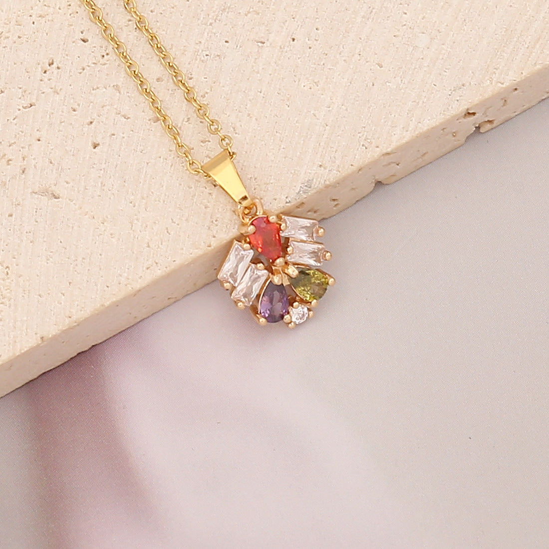 Elegant Brass Plated Leaf Heart Pendant Necklace with Cubic Zirconia Inlay