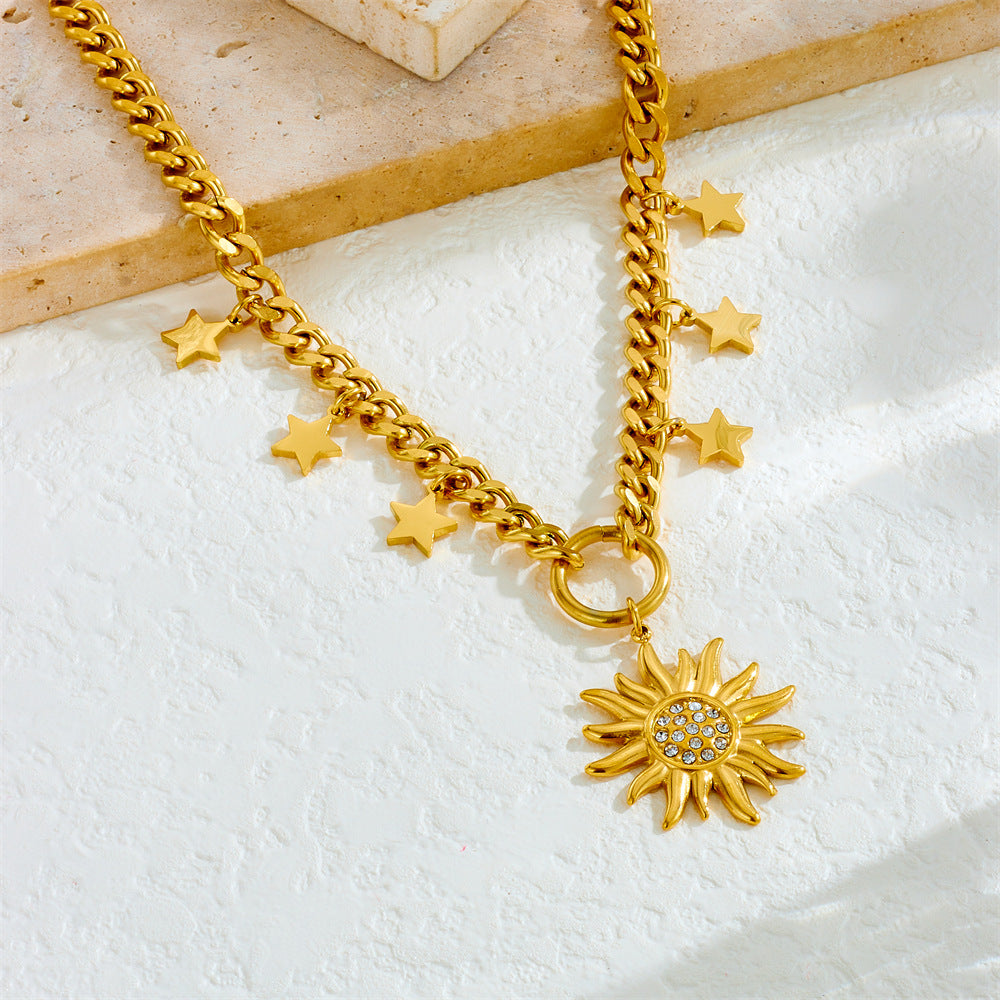 Casual Business Stainless Steel Plated Star Geometric Rhinestone Wing Sun Pendant Necklace for Women