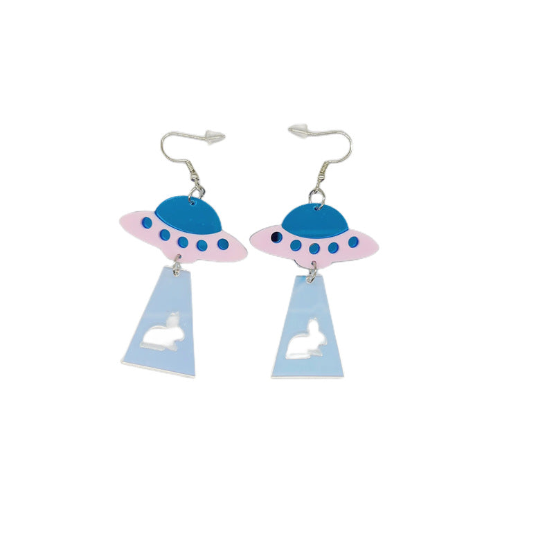 Pendientes de platillo volador alienígena OVNI con luna, estrella, vaca, gato y arco iris de acrílico extragrande para mujer con detalle cortado a láser