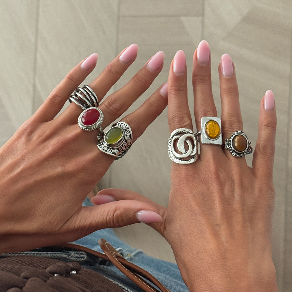 Vintage Square Oval Gemstone Zinc Alloy Plated Ring for Women