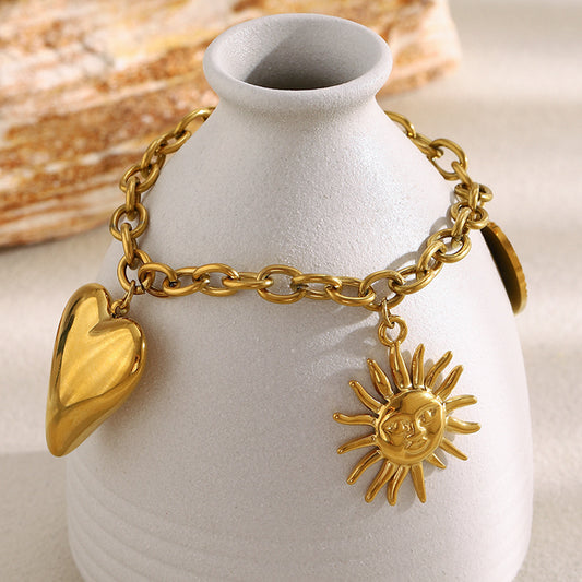 Bracciale da donna placcato oro 18 carati con ciondolo a forma di sole, catena a O, in acciaio inossidabile, alla moda, geometrico e minimalista
