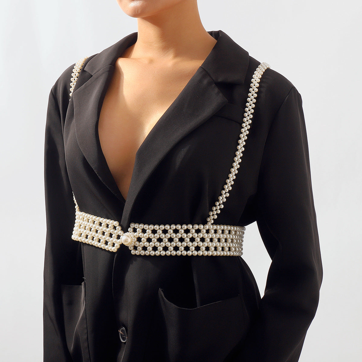 Geometric Style Handwoven Body Chain with Imitation Pearl Accents for Women