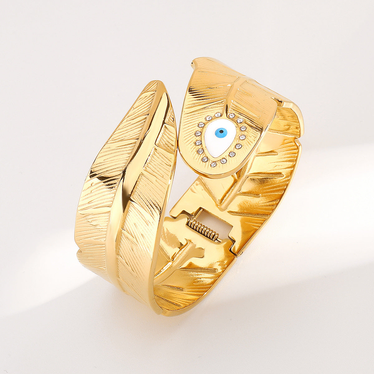 Bracciale largo in acciaio inossidabile con motivo a foglia e chiusura a molla per donna