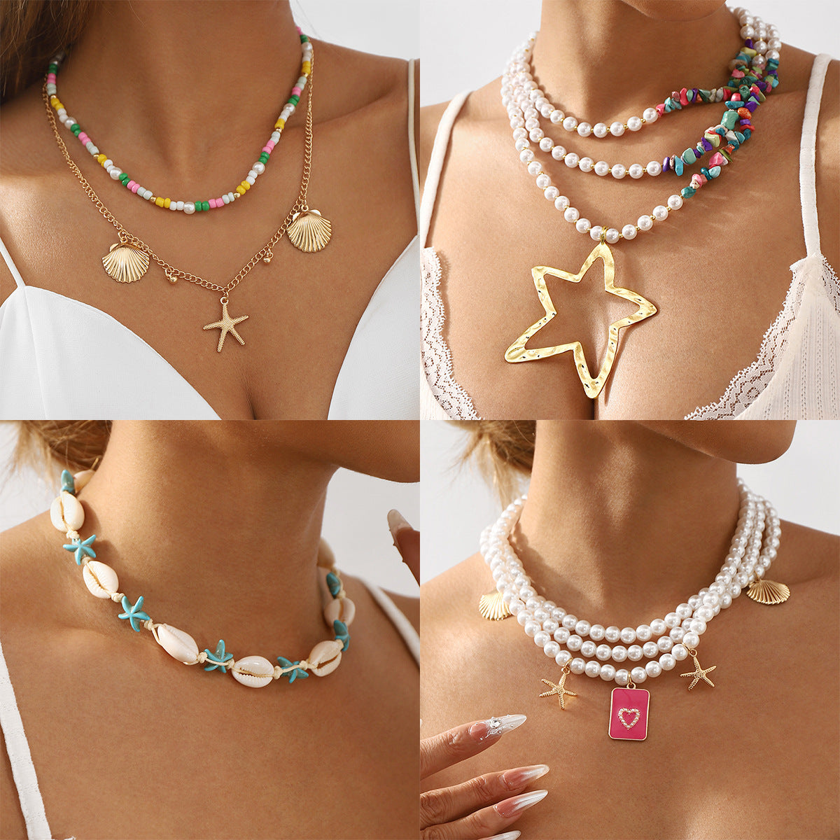 Collar con colgante de estrella de mar y concha personalizado para mujer con colgante de aleación de forma geométrica, acabado galvanizado, estilo playero, joyería minimalista