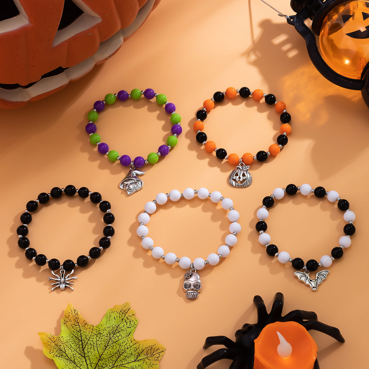 Halloween Pumpkin Bracelet with Bat and Skull Pendant Alloy Handmade Bracelet for Women and Men Vintage Artistic Style