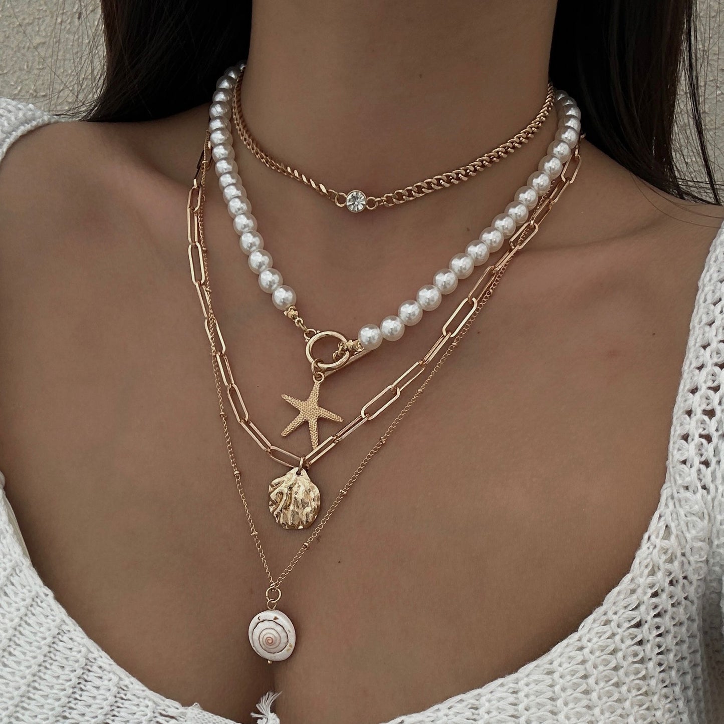 Vintage Starfish Shell Beaded Necklace with Faux Pearls for Women