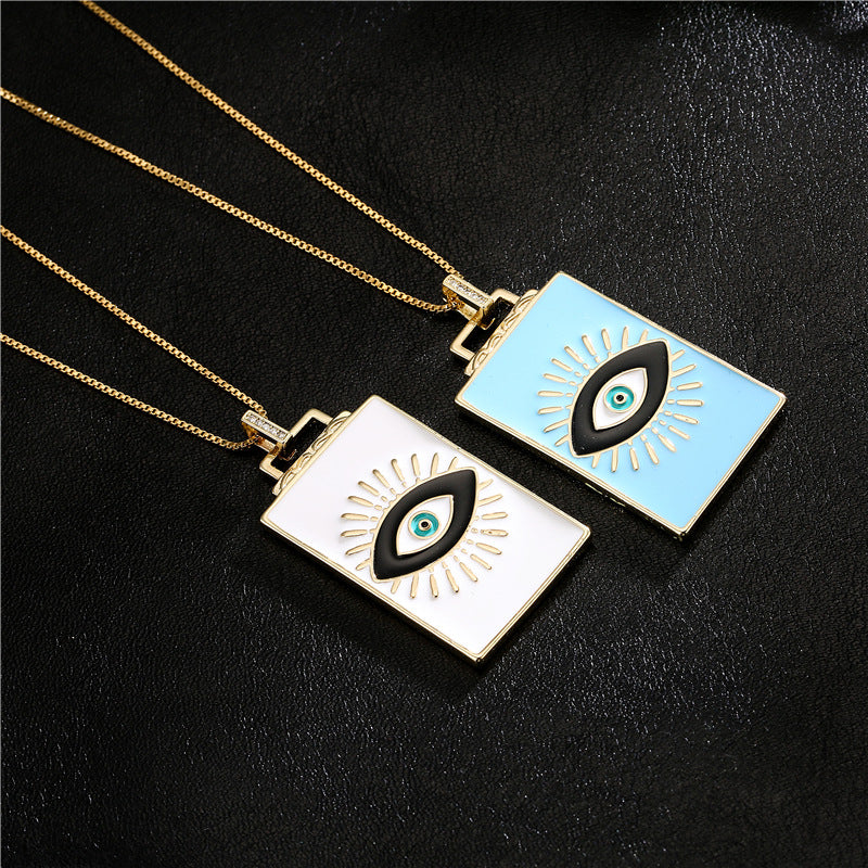 Drip Oil Rectangle Geometric Brass Inlaid Cubic Zirconia Pendant Necklace with Cable Chain