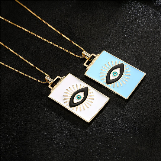 Drip Oil Rectangle Geometric Brass Inlaid Cubic Zirconia Pendant Necklace with Cable Chain
