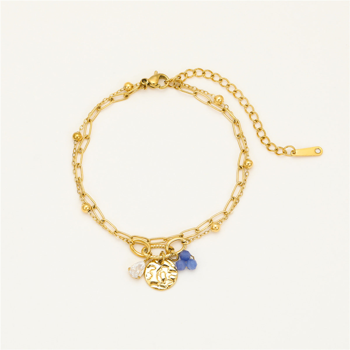 Bracciale in Acciaio al Titanio alla Moda Stile Ufficio con Zircone a Goccia e Ciondolo Perla su Charm Rotondo da Donna