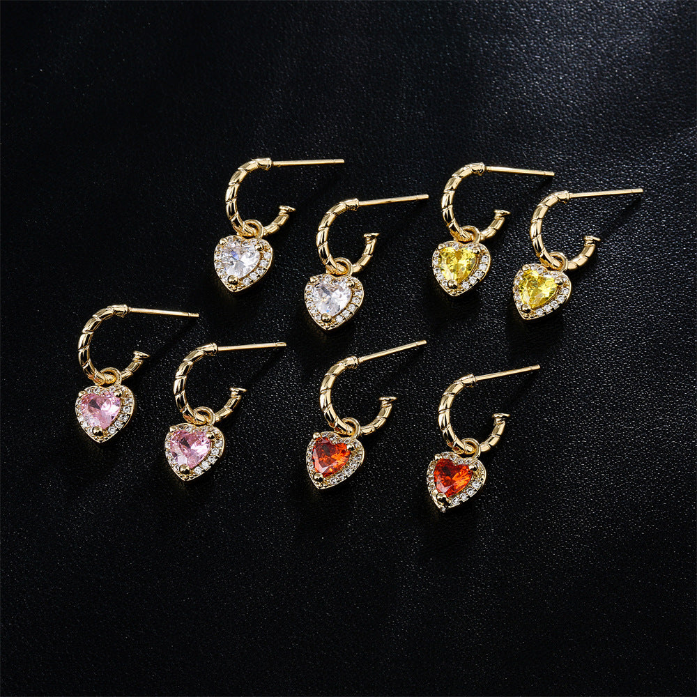 Geometric Heart-Shaped Copper Earrings with 18K Gold Plating and Four-Color Cubic Zirconia for Women