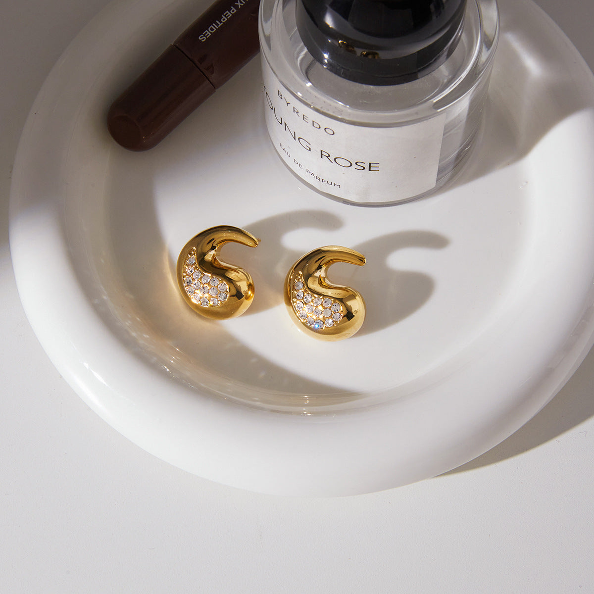 Minimalist 18K Gold Plated Stainless Steel Teardrop Geometric Rhinestone Stud Earrings for Women