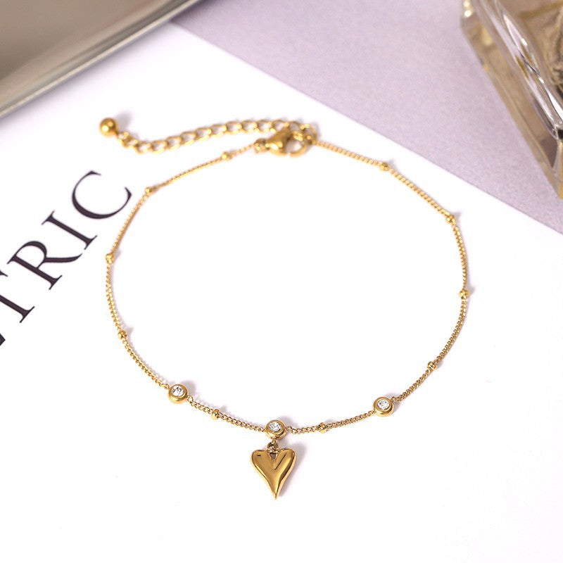 18K Gold Plated Heart Shape Titanium Steel Anklet with Crystal Zircon for Women