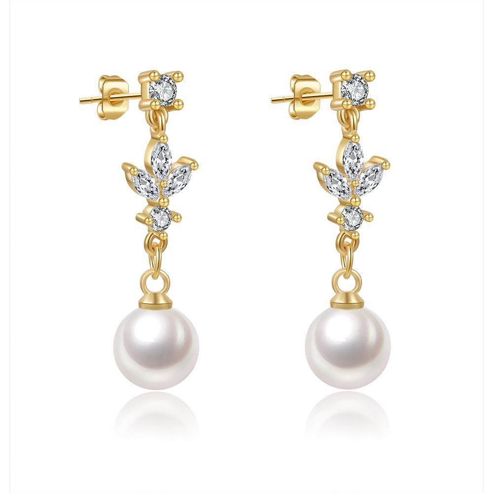 Luxury Geometric Round Brass Gold Plated Pearl Drop Earrings with Cubic Zirconia and 925 Sterling Silver Posts for Women