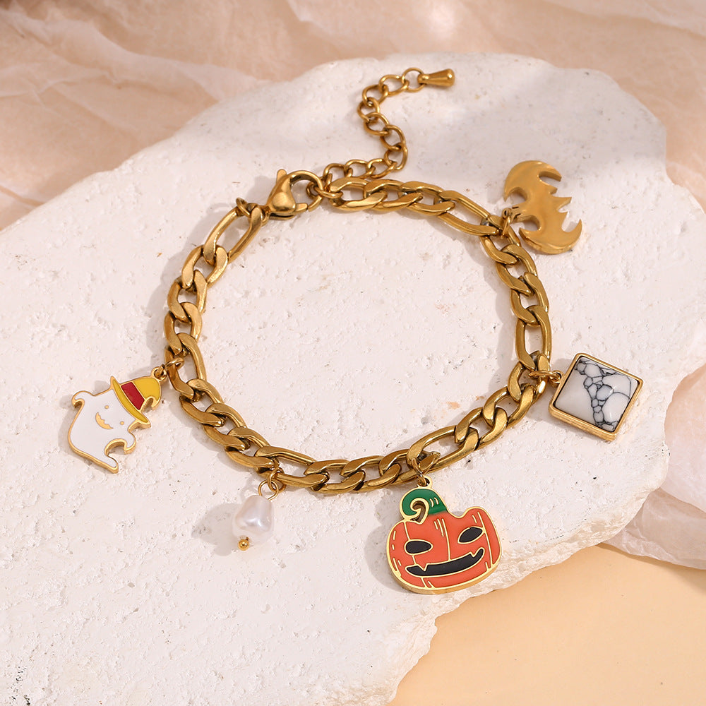 Bracciale Figaro da donna placcato oro 18 carati in acciaio inossidabile smaltato con teschio di zucca di Halloween alla moda