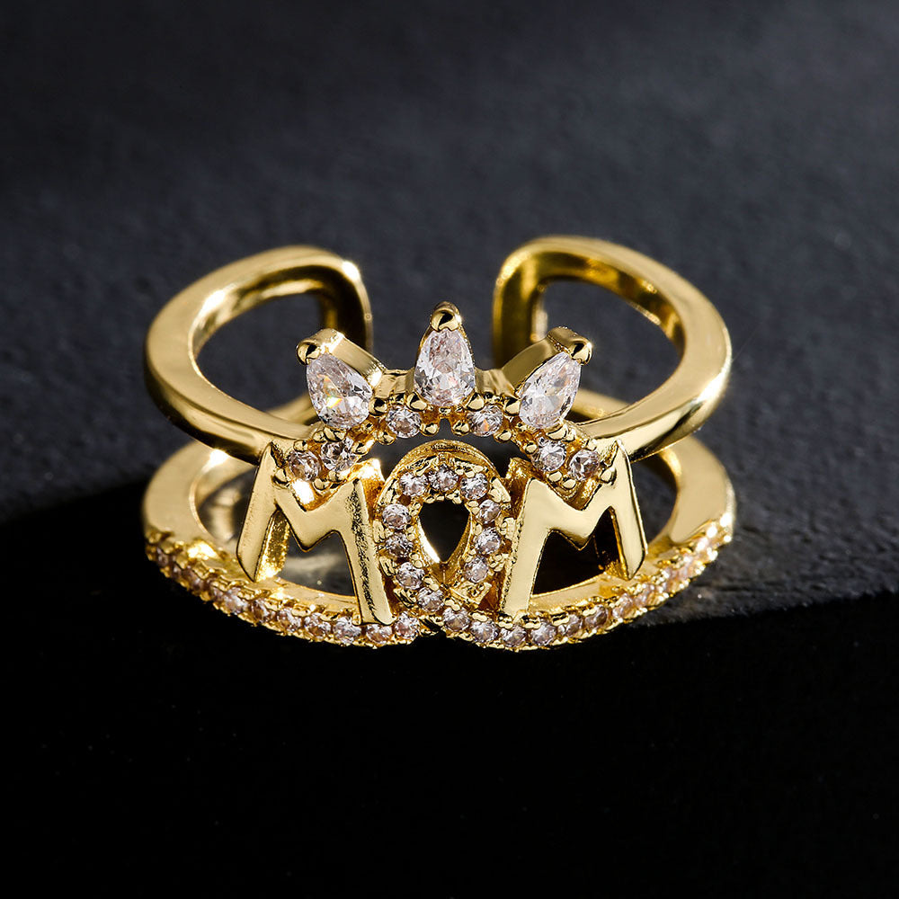 Ins Style 18K Gold Plated Geometric Crown Mom Ring Micro Paved Cubic Zirconia Copper Women Fashion Jewelry