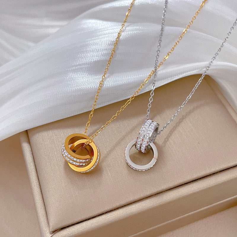 Collana a catena con colletto a doppio anello geometrico in titanio e acciaio inossidabile minimalista con strass per unisex