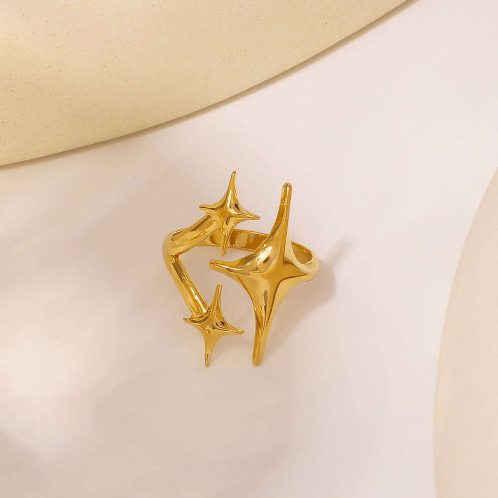 Anello ipoallergenico unisex in acciaio inossidabile lucido, a tre stelle, geometrico, minimalista