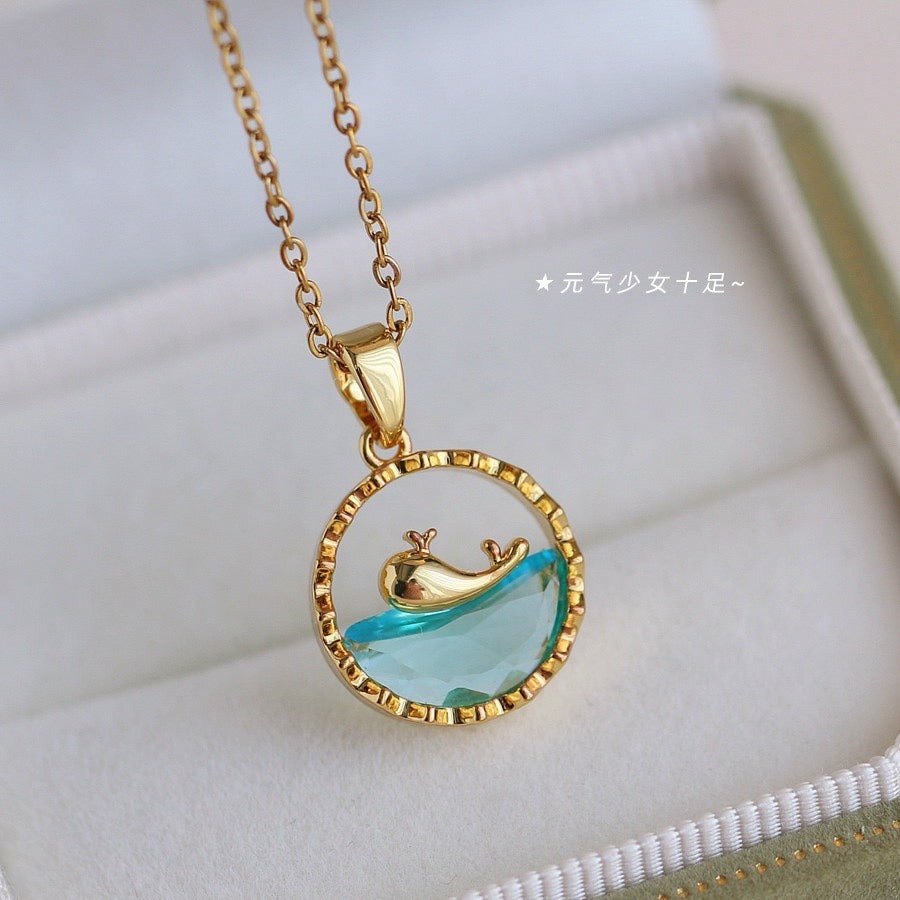 Original Design Whale and Dolphin Pendant Necklace in Titanium Steel with Gold Plating and Blue Ocean-Inspired Detail on O-Chain