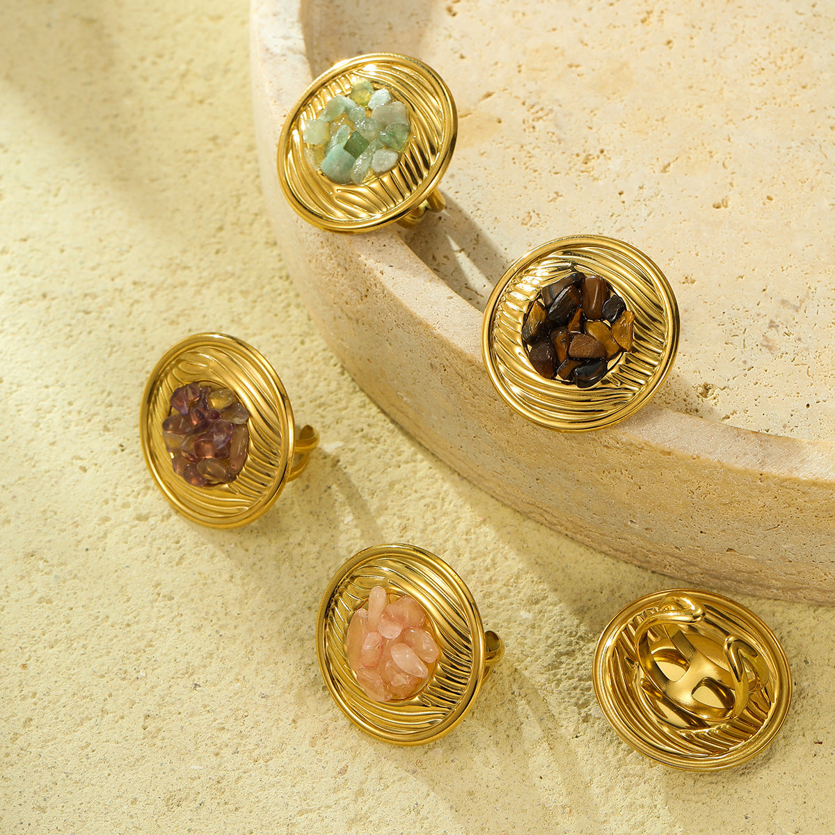 Light Luxury Geometric Textured Titanium Steel Ring with Natural Stone Inlay for Women