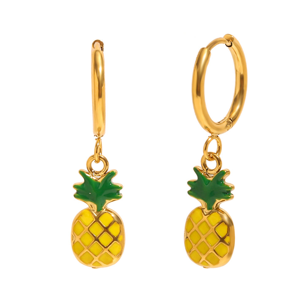 Orecchini da donna creativi in acciaio inossidabile a forma di frutta, placcati oro 18K e con smalto.