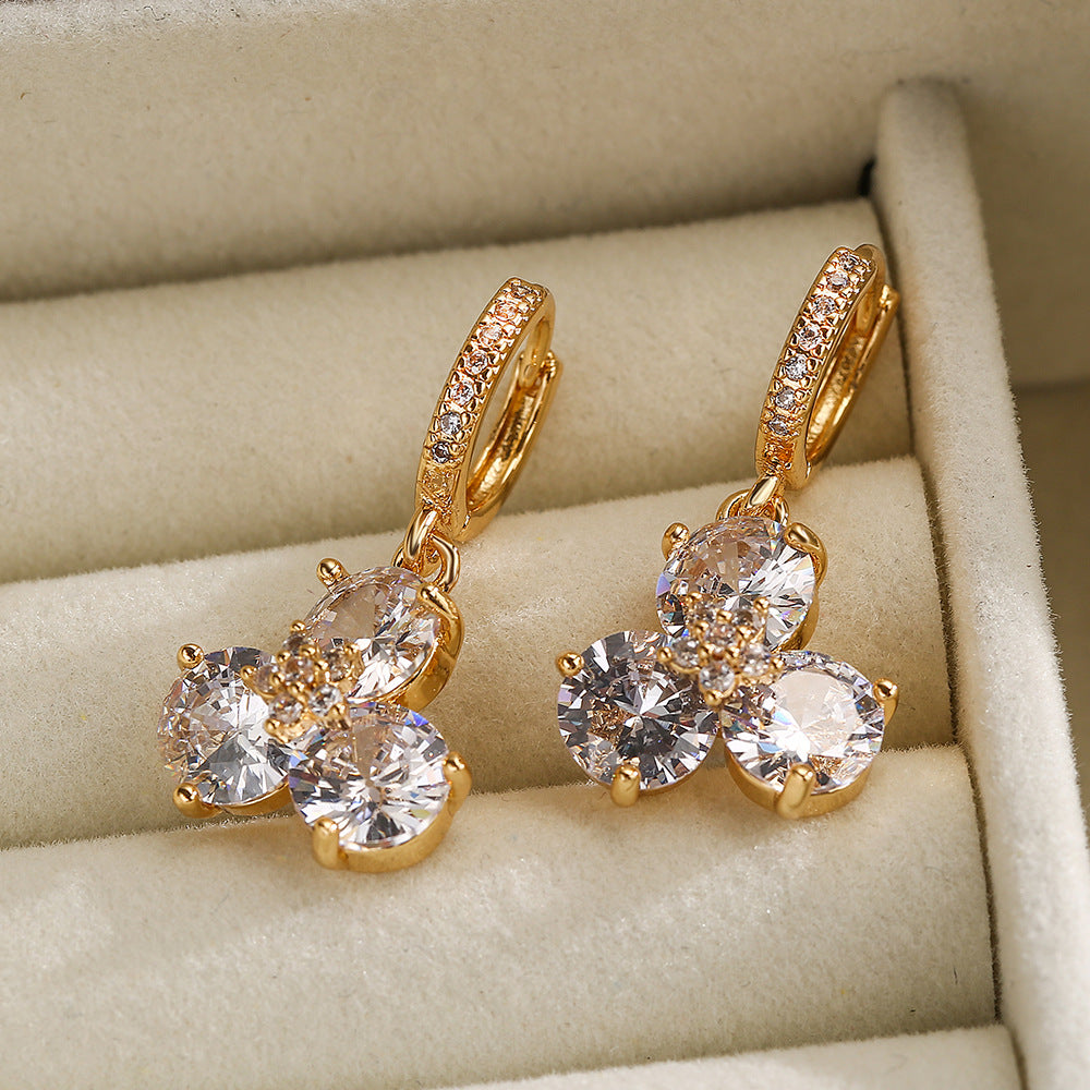 Fashionable Minimalist Floral Geometric Copper Earrings with Real Gold Plating and Zircon for Women