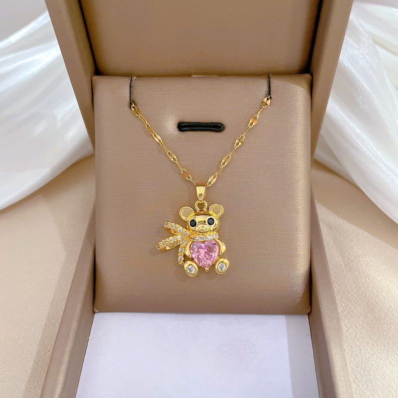 Collana pendente orsetto minimalista in acciaio al titanio con strass per donna e uomo, catena a medaglione regolabile