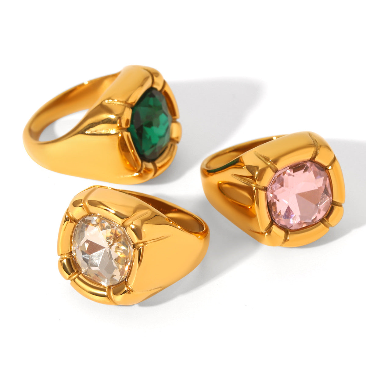 Ins Style Geometric 18K Gold Plated Stainless Steel Ring with Cubic Zirconia for Women